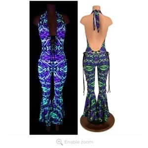 Lace Up Josie Halter Bell Bottom Flare Catsuit Coquetry Clothing NWT Neon Melt M